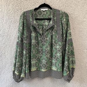 Rose + Olive L Blouse Womens Top Pintuck V Neck Long Sleeves Semi Sheer Green